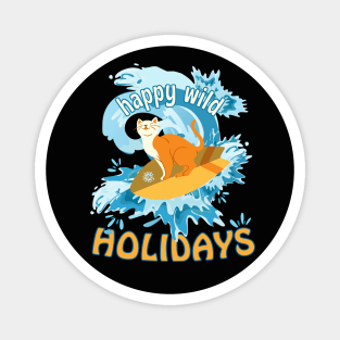 Happy Wild Holidays Surfing Cat Magnet